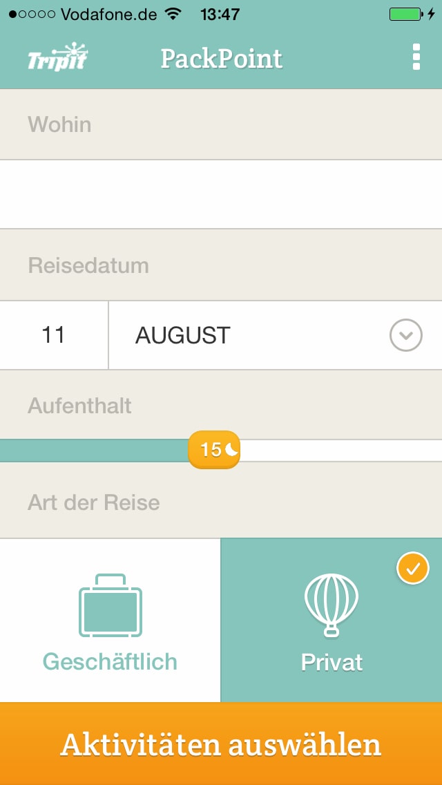 PackPoint Reisepackliste – Screenshot iPhone